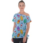 Cute Kawaii Ice Cream Seamless Pattern Off Shoulder Tie-Up T-Shirt