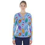 Cute Kawaii Ice Cream Seamless Pattern V-Neck Long Sleeve Top