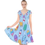 Cute Kawaii Ice Cream Seamless Pattern Cap Sleeve Front Wrap Midi Dress