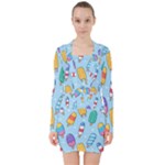 Cute Kawaii Ice Cream Seamless Pattern V-neck Bodycon Long Sleeve Dress