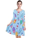 Cute Kawaii Ice Cream Seamless Pattern Quarter Sleeve Waist Band Dress