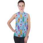 Cute Kawaii Ice Cream Seamless Pattern Mock Neck Chiffon Sleeveless Top