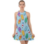 Cute Kawaii Ice Cream Seamless Pattern Halter Tie Back Chiffon Dress