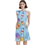 Cute Kawaii Ice Cream Seamless Pattern Cocktail Party Halter Sleeveless Dress With Pockets