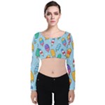 Cute Kawaii Ice Cream Seamless Pattern Velvet Long Sleeve Crop Top