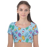 Cute Kawaii Ice Cream Seamless Pattern Velvet Short Sleeve Crop Top 