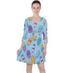 Cute Kawaii Ice Cream Seamless Pattern Quarter Sleeve Ruffle Waist Dress