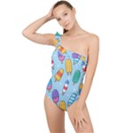 Cute Kawaii Ice Cream Seamless Pattern Frilly One Shoulder Swimsuit