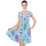 Cute Kawaii Ice Cream Seamless Pattern Cap Sleeve Midi Dress