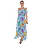 Cute Kawaii Ice Cream Seamless Pattern Off Shoulder Open Front Chiffon Dress