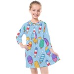 Cute Kawaii Ice Cream Seamless Pattern Kids  Quarter Sleeve Shirt Dress