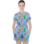 Cute Kawaii Ice Cream Seamless Pattern Women s T-Shirt and Shorts Set