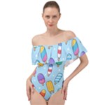 Cute Kawaii Ice Cream Seamless Pattern Off Shoulder Velour Bodysuit 