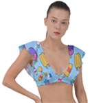Cute Kawaii Ice Cream Seamless Pattern Plunge Frill Sleeve Bikini Top
