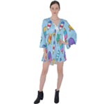 Cute Kawaii Ice Cream Seamless Pattern V-Neck Flare Sleeve Mini Dress