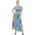 Cute Kawaii Ice Cream Seamless Pattern Button Up Short Sleeve Maxi Dress
