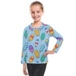 Cute Kawaii Ice Cream Seamless Pattern Kids  Long Mesh T-Shirt