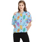 Cute Kawaii Ice Cream Seamless Pattern One Shoulder Cut Out T-Shirt