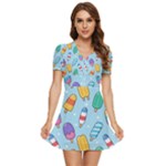 Cute Kawaii Ice Cream Seamless Pattern V-Neck High Waist Chiffon Mini Dress