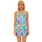 Cute Kawaii Ice Cream Seamless Pattern V-Neck Satin Pajamas Set