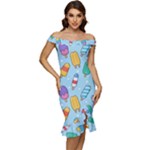 Cute Kawaii Ice Cream Seamless Pattern Off Shoulder Ruffle Split Hem Bodycon Dress