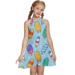 Cute Kawaii Ice Cream Seamless Pattern Kids  Halter Collar Waist Tie Chiffon Dress