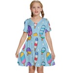 Cute Kawaii Ice Cream Seamless Pattern Kids  Short Sleeve Tiered Mini Dress