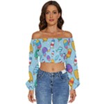 Cute Kawaii Ice Cream Seamless Pattern Long Sleeve Crinkled Weave Crop Top