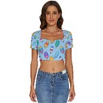 Cute Kawaii Ice Cream Seamless Pattern Short Sleeve Square Neckline Crop Top 