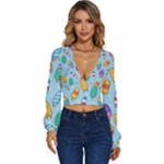 Cute Kawaii Ice Cream Seamless Pattern Long Sleeve Deep-V Velour Top