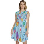 Cute Kawaii Ice Cream Seamless Pattern Cap Sleeve High Waist Dress