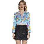Cute Kawaii Ice Cream Seamless Pattern Long Sleeve Tie Back Satin Wrap Top