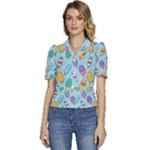 Cute Kawaii Ice Cream Seamless Pattern Puffed Short Sleeve Button Up Jacket