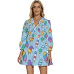Cute Kawaii Ice Cream Seamless Pattern V-Neck Placket Mini Dress