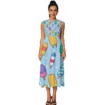 Cute Kawaii Ice Cream Seamless Pattern Sleeveless Round Neck Midi Dress