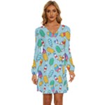 Cute Kawaii Ice Cream Seamless Pattern Long Sleeve Waist Tie Ruffle Velvet Dress