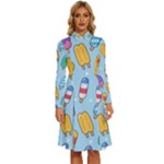Cute Kawaii Ice Cream Seamless Pattern Long Sleeve Shirt Collar A-Line Dress