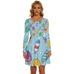 Cute Kawaii Ice Cream Seamless Pattern Long Sleeve Wide Neck Velvet Dress