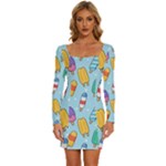 Cute Kawaii Ice Cream Seamless Pattern Long Sleeve Square Neck Bodycon Velvet Dress