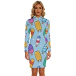 Cute Kawaii Ice Cream Seamless Pattern Long Sleeve Shirt Collar Bodycon Dress