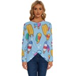 Cute Kawaii Ice Cream Seamless Pattern Long Sleeve Crew Neck Pullover Top