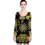 Maya Style Gold Linear Totem Icons Long Sleeve Bodycon Dress