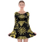Maya Style Gold Linear Totem Icons Long Sleeve Skater Dress