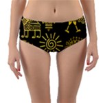 Maya Style Gold Linear Totem Icons Reversible Mid-Waist Bikini Bottoms