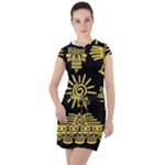 Maya Style Gold Linear Totem Icons Drawstring Hooded Dress