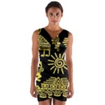 Maya Style Gold Linear Totem Icons Wrap Front Bodycon Dress