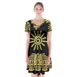 Maya Style Gold Linear Totem Icons Short Sleeve V-neck Flare Dress