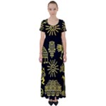 Maya Style Gold Linear Totem Icons High Waist Short Sleeve Maxi Dress