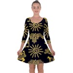 Maya Style Gold Linear Totem Icons Quarter Sleeve Skater Dress