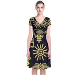 Maya Style Gold Linear Totem Icons Short Sleeve Front Wrap Dress